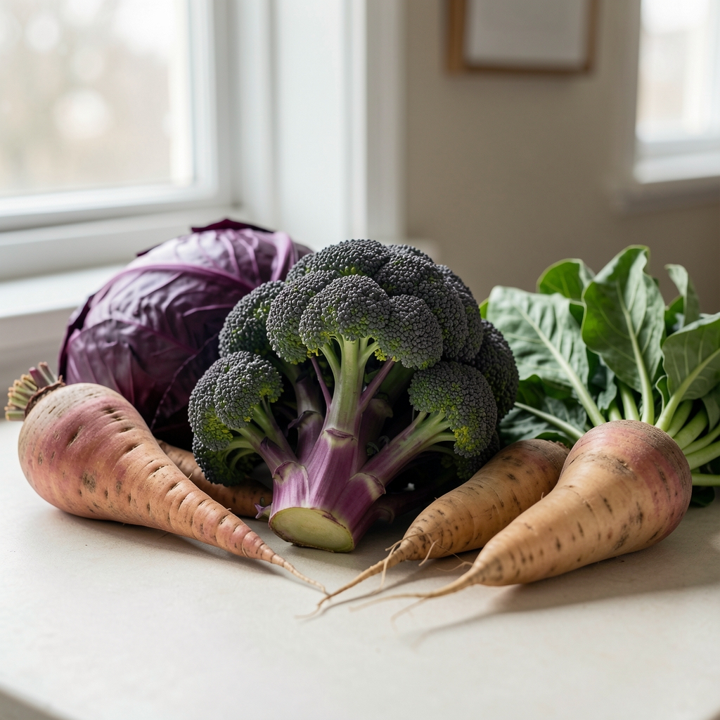 Seasonal winter vegetables including purple sprouting broccoli and root vegetables on a pale surface, natural window light