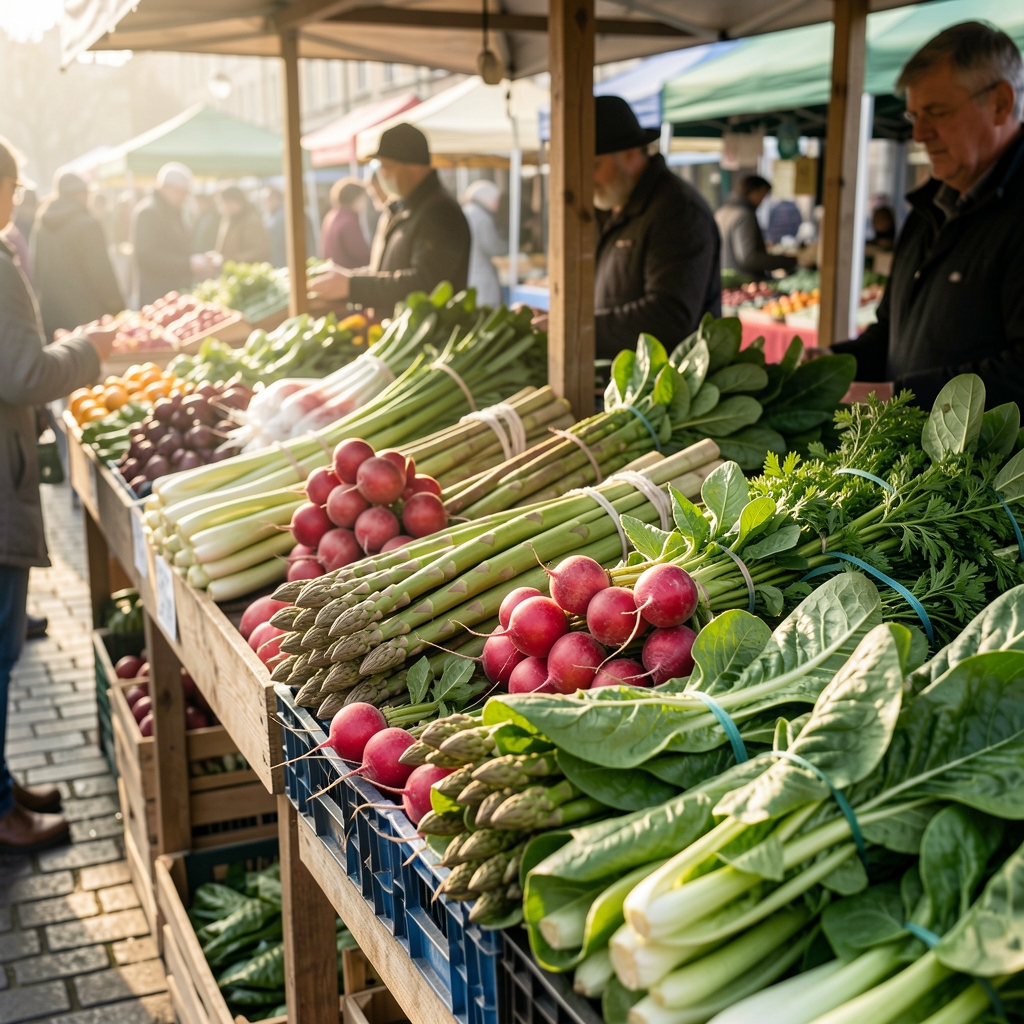 Spring market produce including asparagus bundles, radishes, and leafy greens on a market stall, early morning